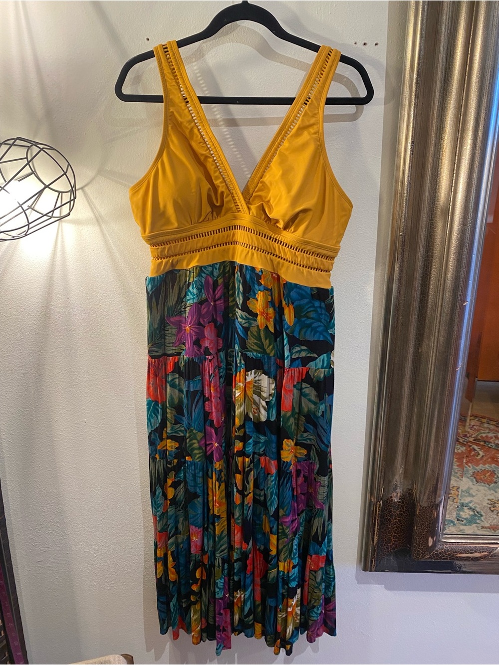 OOAK Upcycled Swim top Yellow V-Neck Tropical Maxi Dress